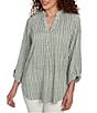 Ruby Rd. Petite Size Crinkle Knit Stripe V-Neck Long Roll-Tab Sleeve Henley Top, Color:Bay Leaf/Multi - Image 4