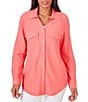 Color:Guava - Image 3 - Petite Size Crinkle Pucker Point Collar Long Sleeve Flap Pocket Button-Front Shirt Jacket