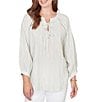 Ruby Rd. Petite Size Crinkle Woven Striped Split V-Neck Tie-Front Peasant Top - Image 1