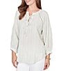 Ruby Rd. Petite Size Crinkle Woven Striped Split V-Neck Tie-Front Peasant Top - Image 3
