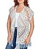 Ruby Rd. Petite Size Crochet Geometric Cap Sleeve Open-Front Cardigan, Color:Blue Sky Multi - Image 4