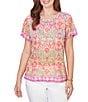 Ruby Rd. Petite Size Damask Floral Scoop Neck Short Sleeve Knit Tee Top - Image 1