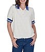 Ruby Rd. Petite Size Diamond Eyelet Textured Polo Collar Elbow Length Contrast Trim Top - Image 1