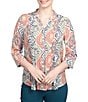 Color:New Sage Multi - Image 1 - Petite Size Diamond Mosaic Print Y-Neck 3/4 Roll-Tab Sleeve Button Front Top