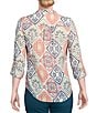 Color:New Sage Multi - Image 2 - Petite Size Diamond Mosaic Print Y-Neck 3/4 Roll-Tab Sleeve Button Front Top