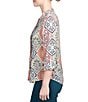 Color:New Sage Multi - Image 3 - Petite Size Diamond Mosaic Print Y-Neck 3/4 Roll-Tab Sleeve Button Front Top