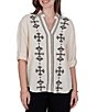Ruby Rd. Petite Size Double Cotton Gauze Embroidered Point Collar 3/4 Roll-Tab Sleeve Button-Front Shirt - Image 1