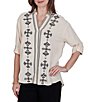 Ruby Rd. Petite Size Double Cotton Gauze Embroidered Point Collar 3/4 Roll-Tab Sleeve Button-Front Shirt - Image 3