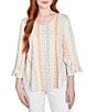 Ruby Rd. Petite Size Stripe Floral Puff Print V-Neck 3/4 Bell Sleeve Top, Color:Peach Multi - Image 1