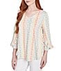 Ruby Rd. Petite Size Stripe Floral Puff Print V-Neck 3/4 Bell Sleeve Top, Color:Peach Multi - Image 3