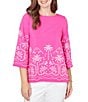 Ruby Rd. Petite Size Embroidered Boat Neck 3/4 Sleeve Top - Image 5