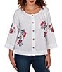 Ruby Rd. Petite Size Embroidered Floral Scoop Neck 3/4 Sleeve Button-Front Blouse - Image 1