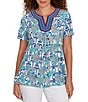 Ruby Rd. Petite Size Embroidered Knit Printed Split V-Neck Short Sleeve Top, Color:Turquoise Multi - Image 1