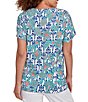 Ruby Rd. Petite Size Embroidered Knit Printed Split V-Neck Short Sleeve Top, Color:Turquoise Multi - Image 2
