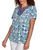 Ruby Rd. Petite Size Embroidered Knit Printed Split V-Neck Short Sleeve Top, Color:Turquoise Multi - Image 4