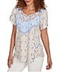 Ruby Rd. Petite Size Embroidered Printed Sweetheart Neck Short Tulip Sleeve Top, Color:Jute Multi - Image 4