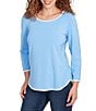 Ruby Rd. Petite Size Embroidered Scoop Neck 3/4 Sleeve Soft Jersey Knit Top, Color:Bluebell - Image 3