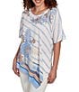 Ruby Rd. Petite Size Embroidered Stripe Scoop Neck Short Sleeve Asymmetric Hem Knit Top, Color:Blue Sky/Multi - Image 4