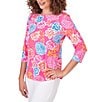 Color:Raspberry Multi - Image 3 - Petite Size Floral Square Neck 3/4 Sleeve Rounded Hem Knit Top