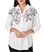 Color:White Multi - Image 1 - Petite Size Floral Placement Print Point Collar Roll-Tab Sleeve Side Button Detail Shirt