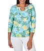 Color:Aruba Multi - Image 1 - Petite Size Floral Print Knit Embellished Horseshoe Neckline 3/4 Sleeve Top