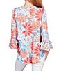 Color:Capri Multi - Image 2 - Petite Size Floral Puff Print Knit Cut-Out Twist Neckline 3/4 Double Flounce Sleeve Top