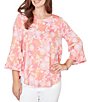 Ruby Rd. Petite Size Floral Scoop Neck 3/4 Ruffle Trim Sleeve Top - Image 1