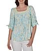 Ruby Rd. Petite Size Floral Square Neck Elbow Tie Sleeve Pleated Top - Image 1