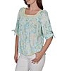 Ruby Rd. Petite Size Floral Square Neck Elbow Tie Sleeve Pleated Top - Image 3
