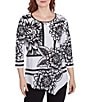 Ruby Rd. Petite Size Floral Stripe Embellished Scoop Neck 3/4 Sleeve Asymmetrical Hem Top, Color:Black/White - Image 1
