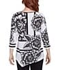 Ruby Rd. Petite Size Floral Stripe Embellished Scoop Neck 3/4 Sleeve Asymmetrical Hem Top, Color:Black/White - Image 2