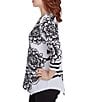 Ruby Rd. Petite Size Floral Stripe Embellished Scoop Neck 3/4 Sleeve Asymmetrical Hem Top, Color:Black/White - Image 3
