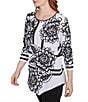 Ruby Rd. Petite Size Floral Stripe Embellished Scoop Neck 3/4 Sleeve Asymmetrical Hem Top, Color:Black/White - Image 4