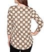 Ruby Rd. Petite Size Geometric Medallion Print Crew Neck 3/4 Sleeve Metallic Mesh Knit Top, Color:Tan Multi - Image 2