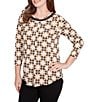 Ruby Rd. Petite Size Geometric Medallion Print Crew Neck 3/4 Sleeve Metallic Mesh Knit Top, Color:Tan Multi - Image 4