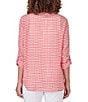 Color:Punch Multi - Image 2 - Petite Size Gingham Print Woven Round Band Collar 3/4 Roll-Tab Sleeve Blouse