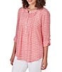 Color:Punch Multi - Image 4 - Petite Size Gingham Print Woven Round Band Collar 3/4 Roll-Tab Sleeve Blouse