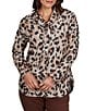 Ruby Rd. Petite Size Hatchi Knit Leopard Print Draped Drawstring Cowl Neck Long Sleeve Top - Image 1