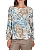 Ruby Rd. Petite Size Hatchi Textured Knit Watercolor Crew Neck Bracelet Length Sleeve Top - Image 1