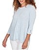 Ruby Rd. Petite Size Heather Speckeled Ribbed Knit Crew Neck 3/4 Sleeve Side Vented Top, Color:Bluebell Heather - Image 4