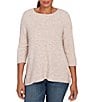 Ruby Rd. Petite Size Heather Speckeled Ribbed Knit Crew Neck 3/4 Sleeve Side Vented Top, Color:Biscotti Heather - Image 1