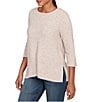 Ruby Rd. Petite Size Heather Speckeled Ribbed Knit Crew Neck 3/4 Sleeve Side Vented Top, Color:Biscotti Heather - Image 4