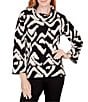 Color:Black/Ivory - Image 1 - Petite Size Ikat Cozy Jacquard Knit Cowl Neck 3/4 Sleeve Pullover
