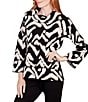 Color:Black/Ivory - Image 3 - Petite Size Ikat Cozy Jacquard Knit Cowl Neck 3/4 Sleeve Pullover
