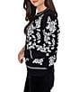 Ruby Rd. Petite Size Jacquard Knit Ivory Rose Crew Neck Long Sleeve Sweater - Image 3