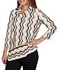 Ruby Rd. Petite Size Jacquard Knit Zig-Zag Stripe Cowl Neck 3/4 Sleeve Asymmetric Hem Top, Color:Tan Multi - Image 4