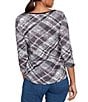 Ruby Rd. Petite Size Jersey Knit Bias Plaid Floral Print 3/4 Sleeve Top, Color:Grey Multi - Image 2