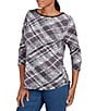 Ruby Rd. Petite Size Jersey Knit Bias Plaid Floral Print 3/4 Sleeve Top, Color:Grey Multi - Image 4