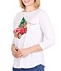 Color:Alabaster Multi - Image 3 - Petite Size Knit Boat Neck 3/4 Sleeve Embellished Holiday Season Truck Graphic Top