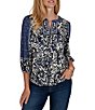 Ruby Rd. Petite Size Knit English Foliage Embroidered Split Round Neck 3/4 Sleeve Top - Image 1